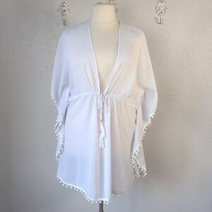 Club Z  3X Collection Swim Cover Up White Kaftan Pom Fringe Trim